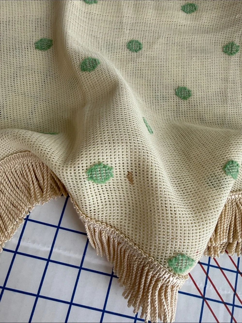 Antique 1920s 1930s Valances Set of 3 Fringed Plaid Green Dot Window Curtains